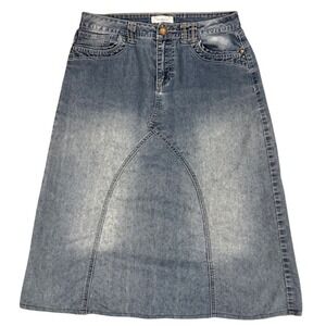 Dressbarn Womens Denim Midi Skirt Size 8 Blue A-Line Stretch Faded Jean Skirt